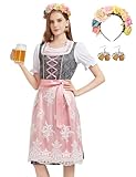 Hislovy Dirndl Damen, 5 Teiliges Oktoberfest Damen Outfit Dirndl-Komplettsets Trachtenkleid Midi für Karneval Cosplay(Grau, M)