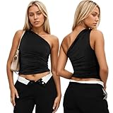 Arkim Schulterfreies Oberteil Damen Slim Fit Tops Y2k One Shoulder Oberteil Damen Elegant Sexy Off Shoulder Oberteil Damen für Alltag/Party/Reisen(Schwarz,M)