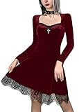 XKBHYD Gothic Kleid Damen Halloween Kostüm Samt Langarm Minikleid mit Spitze Eckiger Ausschnitt Elegant Festlich Partykleid