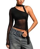 Navneet Damen Netzoberteil Neckholder Top Sexy Mesh Off Shoulder Netz Shirt Durchsichtig Langarm Party Festival Schwarz M