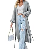 LCDIUDIU Lange Übergroße Strickjacke Für Frauen Ballonärmel Grob Gestrickte Strickjacken Damen Vorne Offen Maxi-Pullover Mantel Herbst Winter Strickjacke Warme Strickjacke Mit Gürtel Grau XL