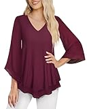 Datuhao Tunika Damen Elegant 3/4 Arm Festliche Blusen zur Hochzeit Abend Oberteil Schößchen Bluse Damen Lang V-Ausschnitt Oberteil Bauch Kaschieren Tunika mit Trompetenärmel