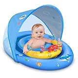 LAYCOL Schwimmring Baby mit UPF50+ Sonnenschutzdach & Spielzeug, Verstellbarer Sicherheitssitz, Kleinkind Pool Schwimmring für 3-36 Monate (Blue, L)
