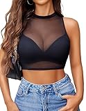 Avidlove Damen Sexy Tank Top Sheer Mesh Ärmellosshirt Transparent Crop Tops Spitze Bustier Bauchfrei Oberteile Durchsichtige Partyshirt Clubwear Schwarz XXL