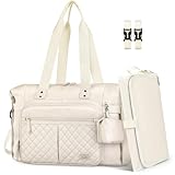 RAINSMORE Baby Wickeltasche Groß mit Schnullertasche und Wickelunterlage Multifunktions Babytasche Reisewindeltasche für Mama und Papa Weiß