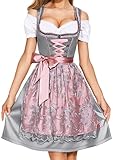 AMZHOTER Dirndl Damen midi Trachtenkleid Trachtenmode Trachtenrock Kleid inkl. Dirndlbluse Dirndlschürze 3 teilig für Oktoberfest Besondere Anlässe Grau 46
