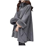 Winterjacke Damen Mantel Lang Umhang Wollmantel Jacke mit Pelzkragen Winter Warm Cardigan Fleecejacke Elegant Wintermantel Lose Outwear Cape Winddichte Strick Wolle Mantel Decke Kap Cardigan Coat