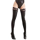 KunBang Vielretude Wetlook Leder Overknee Strümpfe Stocking mit Spitze Sexy lange strümpfe damen overknee sexy Anti-Rutsch Overknee-Socken 5 Farbe (Schwarz)