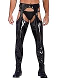 CHICTRY Herren Pu Lederhose Offener Schritt Leggings Sexy Dessous Ouvert Pantyhose Lack Latex Unterhose Lang Party Clubwear Schwarz 3XL