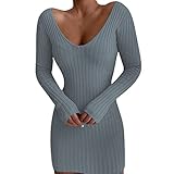 Pulloverkleid Damen Figurbetontes Kleid Hohe Elastizität Strickkleider V-Ausschnitt Langarm Pulloverkleid Herbst Winter Minikleid Sexy Kleid Elegant Partykleid Slim Fit Solide Knitted Dress