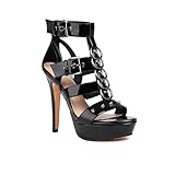 Feinlina Damen Sexy Schwarz Schnalle Kreuz Riemen Plateau Stiletto High Heel Abend Party Kleid Club Offene Zehe Sandalen (Black,39)