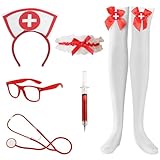 AMSNINK Sexy Krankenschwester Kostüm Damen, Karnevalskostüm Damen, Karnevalskostüme Krankenschwester Zubehör Set, Krankenschwesterhut, Haarreif, Roten Stethoskop, Für Halloween, Karneval Oder Mehr