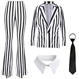 Boyigog Horror Damen Schwarz-Weiß Gestreiftes Kostüm 4Pcs mit Krawatte Streifen Blazer Jacke, 80er Jahre Halloween Horror Anzug, Karneval Halloween Fancy Dress Cosplay Kostüm
