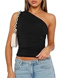 ROFUSSO Damen Sommer Tank Top Sexy Asymmetric Ärmellos Oberteil Y2K Slim Enge Shirts Eine Schulter Crop Tops Trendiges Basic Solid Cami Top