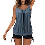 Bauchweg Tankini Damen Einfarbig-Bademodes 2 Teilig Tankinis Oberteil Damen Falten Voraus Bade Boxershorts Badeanzug Tankini Zweiteilig Summer Strandmode Damenbadeanzüge Elegante (#1-Navy, XXL)