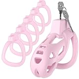 Yivans Harz Keuschheitskäfig Sexspielzeug Männer Keuschheitsgürtel Cock Cage mit 5 Penisringe, SM Fetisch Extrem Penis Bondage Hohldesign Atmungsaktiv Penis Käfig(Pink - M)
