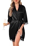 Lovasy Bademantel Damen Satin Kurz Kimono Manschetten aus Spitze Sexy Japanisch Morgenmantel für Damen Braut Team Bride Hochzeit Party Pyjama mit Gürtel,Schwarz,XL