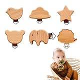 poraceous 6 Stück Schnullerclip, Holz Natur Baby Clip, Sicher Ungiftig Schnuller Verschlüsse Halter, Nuckelclip Holz mit Tiermotiven, Metallverschluss, Schnullerketten Clips, Säugling Zubehör