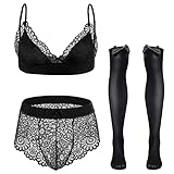 FYMNSI Herren Sissy Dessous Männer Unterwäsche Set Crossdresser Transparent Spitzen BH Top String Tanga Slip mit Lange Strümpfe 3tlg Reizwäsche Erotik Unterhose Nachthemden Negligee Schwarz L