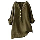 Blusen Tuniken für Damen Leinen Langarmshirt Button Down V Ausschnitt Tunika Shirt Musselin Bluse Casual Große Größen Longbluse,Braun,3XL