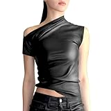 PU-Leder Tops Damen Sexy Tank-Top schulterfrei Oberteil Asymmetrische Schulter Tube Tops Vintage Slim Fit Tank T-Shirt Freizeit Tau Schulter Shirt Bühne Nachtclub Zeigen Kleidung