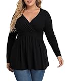 TIANZHU Plus Größe Schwarz Tops für Frauen Wrap Baby Puppe Hemd Langarm Winter Tunika Top Dressy V-Ausschnitt Bluse Empire Taille Low Cut Fließende Schößchen Kleidung, Schwarz, 3XL