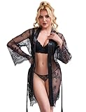 ohyeahlady Kimono Damen Spitze Sexy Negligee Set Große Größen Babydoll Morgenmantel Braut Bademantel Japanisch Dessous Bride Nachtwäsche Durchsichtig Nachthemd mit Gürtel G-String Schwarz,M-L