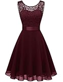 Berylove Damen Spitzenkleid Brautjungfer Elegant Party Knielang Cocktailkleid Chiffon Ärmellos BLP7005B-BurgundyXL