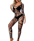 XIUSEMY Damen Sexy Bodysuit Fischnetz Bodystocking Ein Stück Badydoll Nachtwäsche(DZJ-Black)