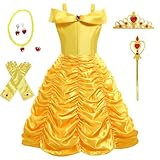 Foierp Prinzessin Belle Kostüme Mädchen Drop Shoulder Belle Kleid mit Handschuhe Diadem Zauberstab Halskette Ringe, Kinder Cosplay Halloween Party Verkleiden, 2-10 Jahre