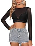 Tuopuda Damen Netz Oberteil Transparentes Shirt Sexy Langarmshirt Durchsichtige T-Shirt Sheer Mesh Bluse Tunika Casual Clubwear Party Tops, F, S