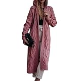 OULIWANGLUO Damen Warm Lange Strickjacke Strick Langarm Cardigan mit Kapuze Casual Lockere Strickpullover für Winter (Rosa,XL)
