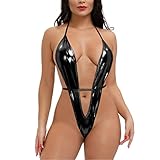 ROSVAJFY Sexy Body aus Leder für Damen, Dessous, Lackleder, Bodysuit, Neckholder, mit tiefem V-Ausschnitt, Teddy Minikleid, Clubwear, rückenfrei, Unterwäsche mit Schnürung, S-XL, Schwarz