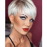 Creamily Perücke Kurze Damen Perücke Pixie Cut Perücke Kurzes Haar mit Bangs Natürliche Gestufte Kunsthaar Kurze Perücke für Damen Creamily Brown Women Perruques (B-Ombre Platinblond)