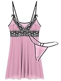 iEFiEL Herren Sissy Kleid Satin Dessous Nachthemd Transparent Mesh Trägerkleid mit Spitzen Rüschen Nachtwäsche Dekolleté für Männer Rosa A XL