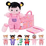 OUOZZZ Baby Puppe mit Tragetasche und Puppenzubehör Rosa, 25cm Weiche Stoffpuppe Schwarzes Haar, Kuschelpuppe für Kinder ab 3 Monaten - Baby Geschenk zur Geburt Mädchen Jungen