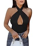 REORIA Damen Sexy Criss Cross Neckholder Ärmellos Party Club Nacht Ausgehen Tanga Bodysuits Tops Schwarz Small