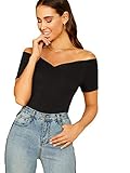 DIDK Damen T-Shirt Schulterfrei Tops Kurzarm Oberteil Sommer Slim Shirts mit Herzausschnitt Einfarbig Basicshirt Schwarz S