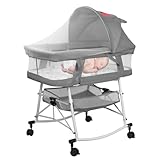 Sinbide Babybett 3 in 1 Multifunktionaler Kinderwagen Babybett Wiege mit Matratze Moskitonetz Aufbewahrungstasche Räder Baby ab Geburt bis 25 kg Faltbares Babybett, Grau