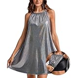 ANYFITTING Paillettenkleid Damen mit Intergriertem BH Elegant Neckholder Glitzer Kleid Minikleid A-Line Partykleid Sexy Party Cocktailkleid für Urlaub Schwarz M