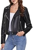 Fahsyee Damen Lederjacke, Kunstlederjacken mit Reißverschluss, kurze PU-Motorradjacke, schmale Bikerjacke, enganliegende Slim-Fit, Schwarz, Größe XL