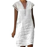 Leinenkleid Damen Sommer V-Ausschnitt Kurzarm Sommerkleid Damen Knielang Leinenkleider Baumwolle Leinen Blusenkleid Casual Drucken Freizeitkleid Strandkleider Kleid A-Linie Kleid