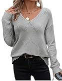 Zeagoo Damen Strickpullover V-Ausschnitt Pullover Hollow Out Langarm Strickwaren Herbst Winter Strickpulli Elegant Freizeitpullover Hellgrau S