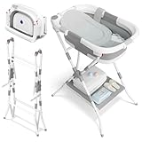 2-in-1 Baby Badewanne mit Gestell, Faltbare Badewanne Baby mit Badestütznetz, Geeignet für Neugeborene bis Kleinkinder, Mehrzweck- und Faltdesign zur Aufbewahrung, Ideal für Reisen und im Freien, Grau