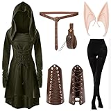 Boyigog Mittelalter Armeegrün Gothic Kleidung Dress Damen Set, Crossdresser Kleid, Elfenkleid mit Elfenohren Erwachsene, Wikinger Accessoires, Halloween Carnival Cosplay und Wikinger Kostüm Damen(M)