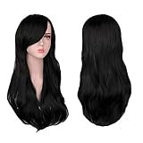 AOMIG Lange lockige Haar Perücken für Frauen, Natürlich Synthetische Perücke mit Pony für Damen, Wavy Hitzebeständige Perücken mit Brille Haarnetz für Alltag/Party/Cosplay(Schwarz)