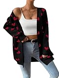 SECRETEYARD Damen-Strickjacke, niedliches Herz, übergroß, langärmelig, offene Vorderseite, Strickpullover, Schwarz, Large
