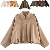 Generisch 2025 Womens Faux Suede Bomber Jacket Lapel Collar Zip Front Coat Long Sleeves Trendy Y2K Streetwear Outerwear (Khaki,S)