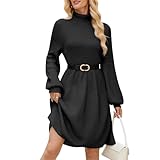 QIANSIQIANBO Strickkleid Damen Rollkragen Puffärmel Pullikleid Lang Strickpullover Minikleid Herbst A-Linie Winterkleid (S) Schwarz