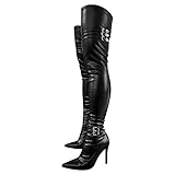 blingqueen Damen Overknee Stretch Stiefel Spitze Stiletto Boots mit Schnalle Reißverschluss PU Schwarz 39 EU